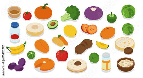 Colorful collection of fresh fruits, vegetables, and ingredients in isometric style