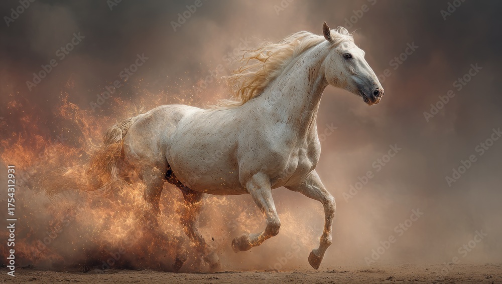 Fototapeta premium Majestic white horse galloping through smoky atmosphere artistic render