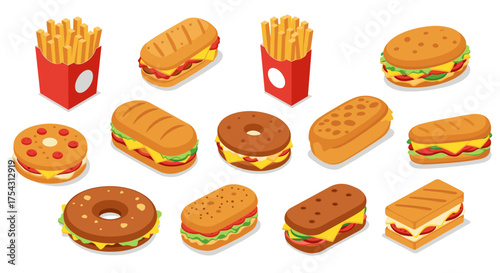 Isometric fast food collection featuring burgers, sandwiches, and fries