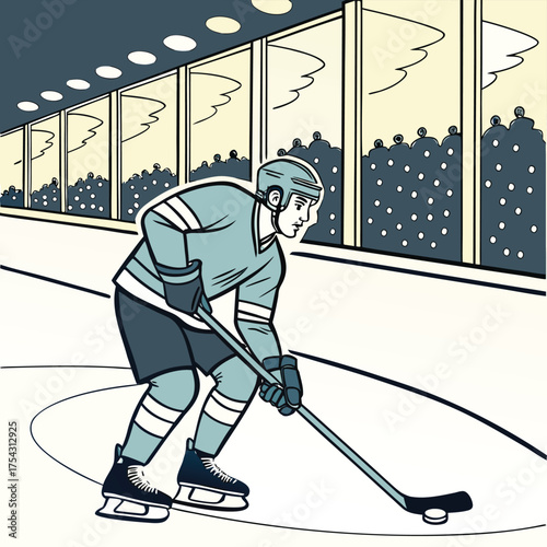 Ice Hockey Action: A determined hockey player skates across the ice rink, stick in hand, focused on the puck, with the arena and spectators in the background.