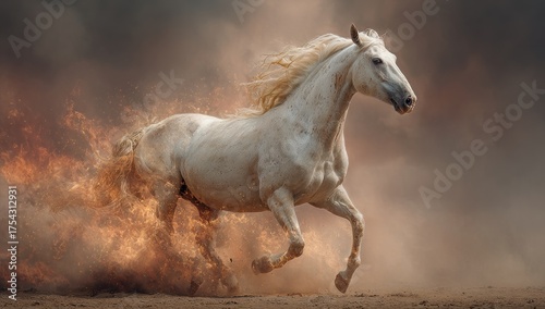Majestic white horse galloping through smoky atmosphere artistic render