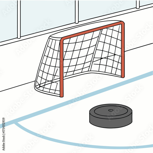 Hockey Goal and Puck: A detailed illustration showcasing a hockey goal and a puck, symbolizing the essence of ice hockey and the thrill of the sport.