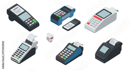 Diverse collection of isometric payment terminals with card readers and keypads
