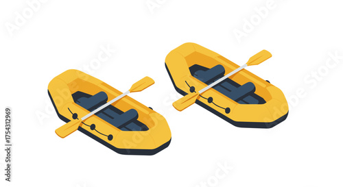 Isometric yellow rafts with paddles on white background