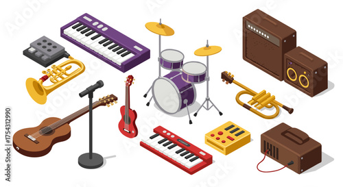 Isometric musical instruments set featuring drums, guitars, keyboards, and amplifiers
