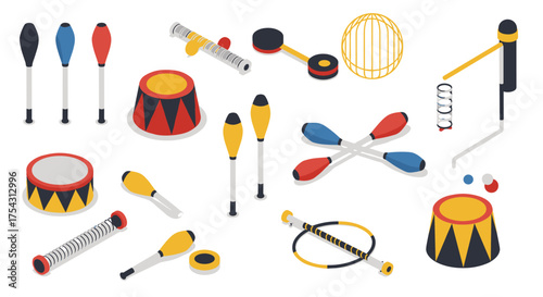 Isometric circus instruments set featuring clubs, drums, and hoops in vibrant colors