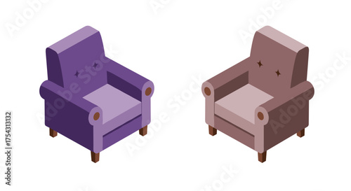 Isometric armchairs design with purple and brown variants for modern interiors