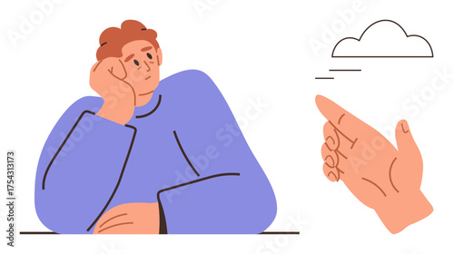 Man resting chin on hand, gazing thoughtfully. An outstretched hand points to a simple cloud. Ideal for creativity, contemplation, inspiration, imagination, connection, future vision reflection in
