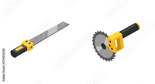 Isometric hand saw and circular saw icon set for construction and carpentry tools