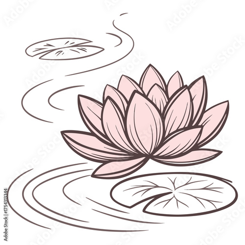 Tranquil Lotus Blossom: A delicate lotus flower floats serenely atop tranquil water, evoking a sense of peace and balance. The artwork is a simple line drawing. 
