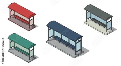 Isometric designs of colorful modern bus shelters in minimalist style