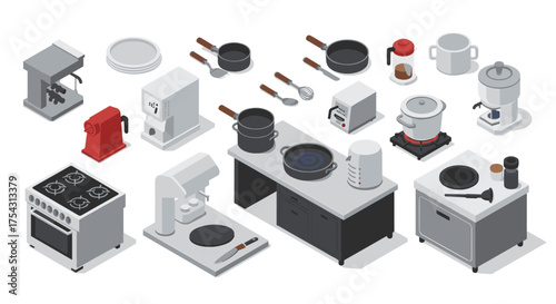 Isometric kitchen appliances set with modern cooking tools and gadgets