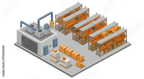 Modern warehouse with automated systems and storage racks in isometric style
