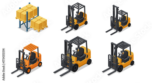 Isometric forklift collection with pallet and shelves in industrial style design