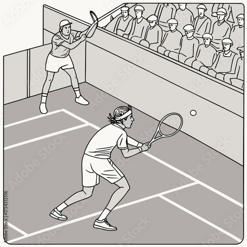 Tennis Match: A detailed illustration captures the intensity of a tennis match. Two players are in action with audience, ready to strike, demonstrating skill and concentration.