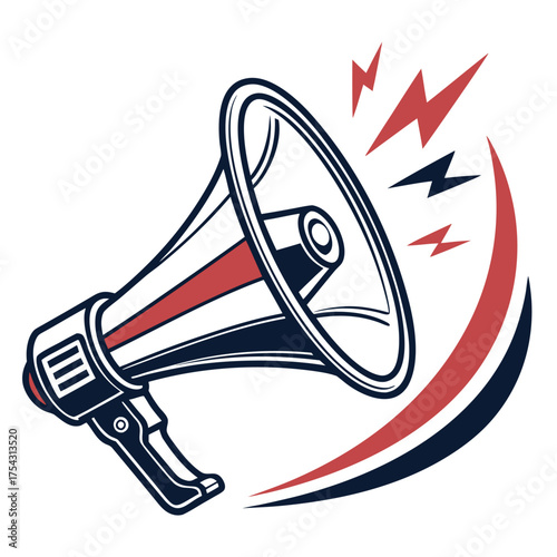 Megaphone Graphic: A bold illustration of a megaphone, symbolizing announcement, public address, and voice. Featuring lines indicating sound waves. 
