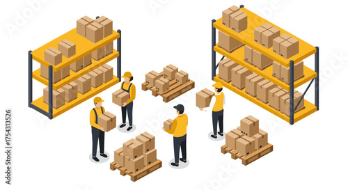 Warehouse team organizing boxes on shelves and pallets in isometric style