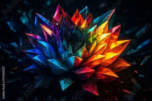 Colorful crystal flower explosion on dark background