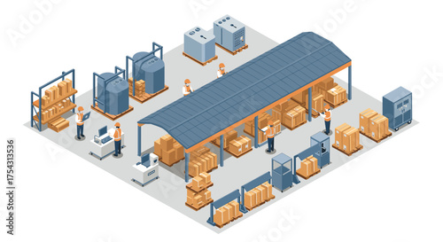 Isometric warehouse logistics with workers handling packages in industrial environment