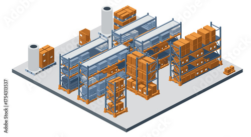 Isometric warehouse design with industrial shelving and efficient storage solutions
