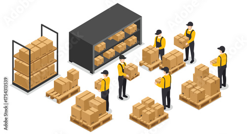 Efficient warehouse team managing inventory with cartons and pallets in isometric view