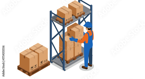 Warehouse worker organizing boxes on industrial shelving in isometric style