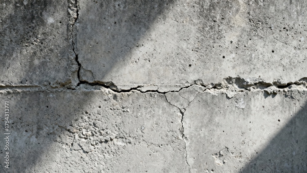 Obraz premium Rough gray concrete surface displays prominent horizontal and vertical structural cracks under sunlight