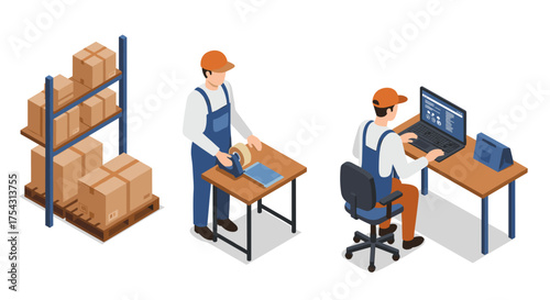 Logistics workforce in warehouse: workers packing and managing inventory in isometric style