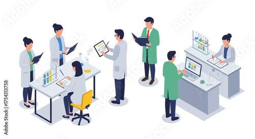 Scientists conducting experiments in a modern laboratory with isometric design