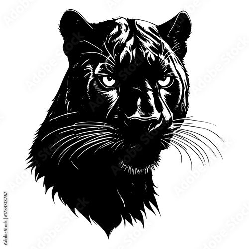 Black Panther's gaze: An illustration of a powerful black panther stares intently forward with a captivating and commanding gaze, exuding strength and mystery.
