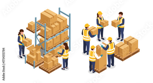Warehouse team organizing boxes in isometric style