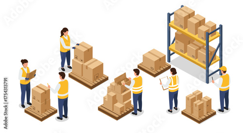 Isometric warehouse logistics: workers organizing and managing inventory