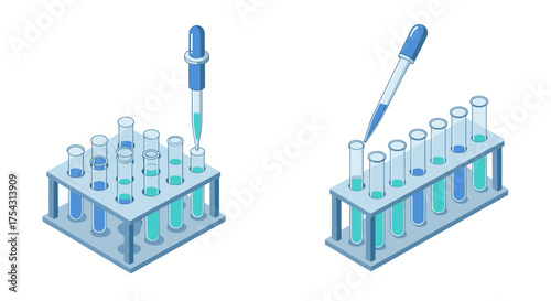 Isometric laboratory pipette and test tubes in science setup for experiments