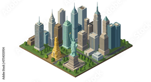 Isometric cityscape with iconic new york architecture and landmarks