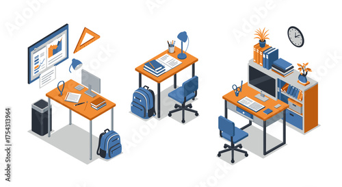 Isometric office and study desks with supplies in modern workspace design