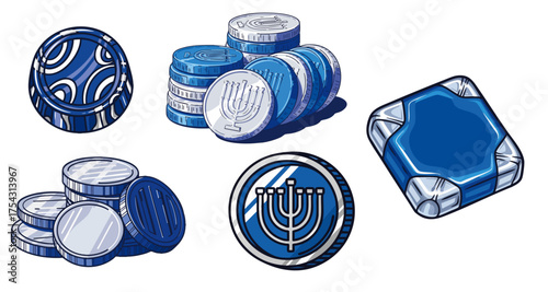 Colorful Hanukkah coins and dreidel in various designs, featuring traditional symbols for the celebration. Hanukkah theme includes vibrant blue motifs and stacked coins reflecting festive spirit.