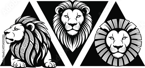 Geometric Lion Head Illustration Set - Bold Black White Triangular Mane Designs Vector