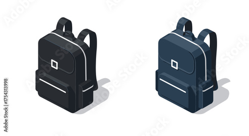 Isometric backpacks: stylish black and blue school bags on white background