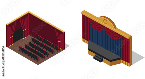 Isometric theater interior with seating area and stage design in 3d style