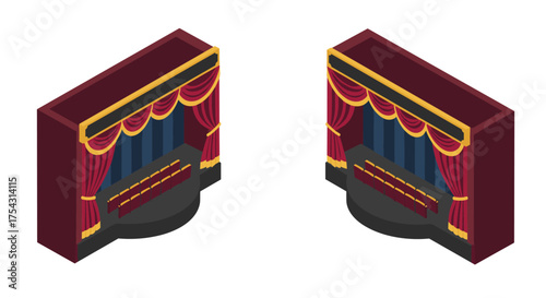 Isometric theater stage with curtains and red velvet accents