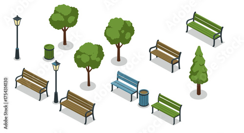 Isometric park elements: benches, trees, and street lamps in urban design