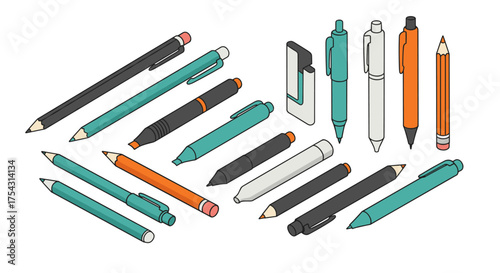 Various stationery pens and pencils in modern isometric style
