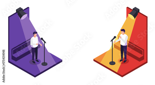 Isometric figures singing on stage with spotlight in colorful 3d design