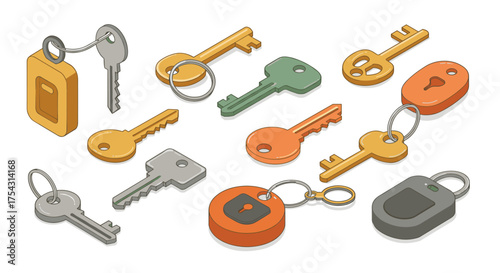 Diverse collection of colorful isometric keys on white background