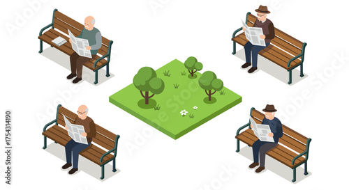 Isometric park scene with seniors reading newspapers on benches outdoors