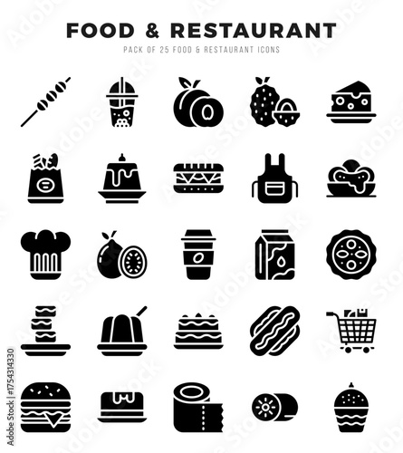 Vector Food and Restaurant types icon set in Glyph style. vector illustration.