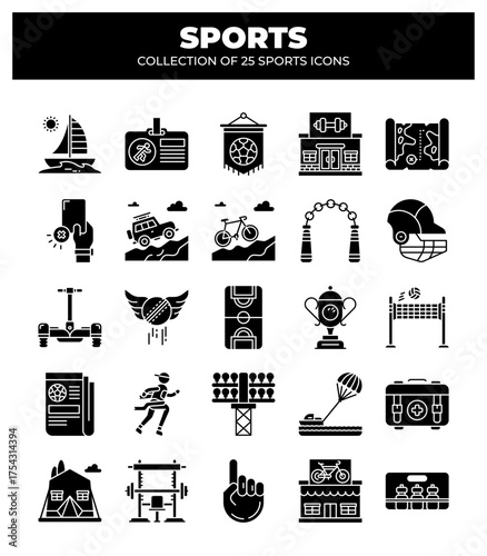 Collection of 25 Sports Icons. Sport Equipment. Game Icons. and Activity Icons