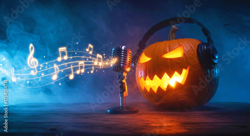 Halloween pumpkin with headphones and microphone. Spooky jack o lantern singing with music notes. Funny Halloween party or event concept.