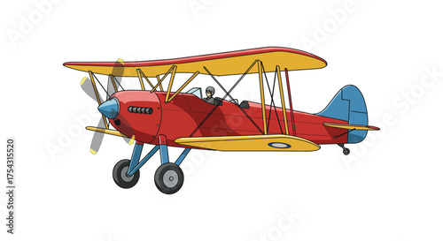 A vibrant red and yellow biplane with blue tail and propeller in a striking silhouette against a white background