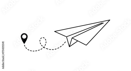 Simple hand drawn outline silhouette of a paper airplane with a dotted line indicating a travel route and a location pin silhouette